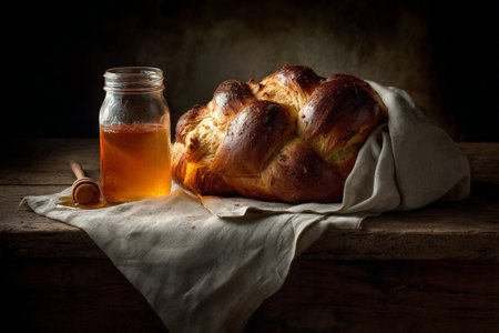 Freshly baked challah bread with honey jar on rustic wooden table.の素材