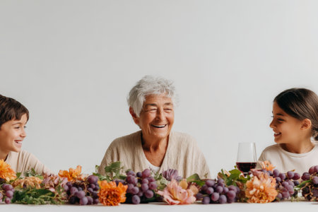 Elderly caucasian woman with smiling children surrounded by grapes and flowers.の素材