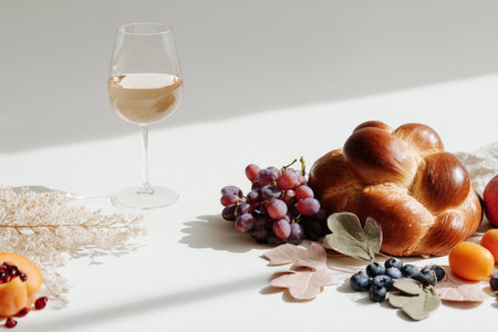 Autumn harvest: bread, fruits, and wine on a sunlit table.の素材