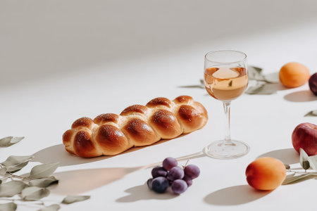 Challah bread with white wine, grapes, and apricots on a sunlit table.の素材