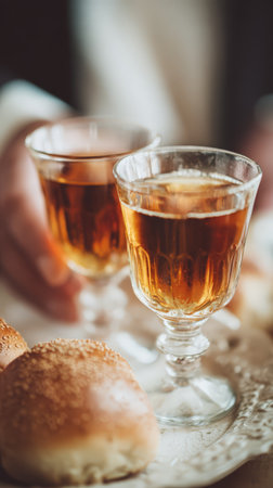 Elegant pair of crystal glasses filled with amber liquor and fresh bread rolls.の素材