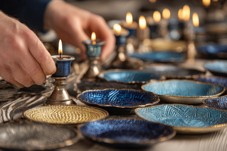 Hands arranging blue and gold candles on decorative plates for evening ambiance.の素材