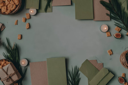 Festive holiday background with candles, greenery, and wrapped gifts.の素材