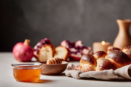Traditional rosh hashanah table with challah, honey, and pomegranates.の素材