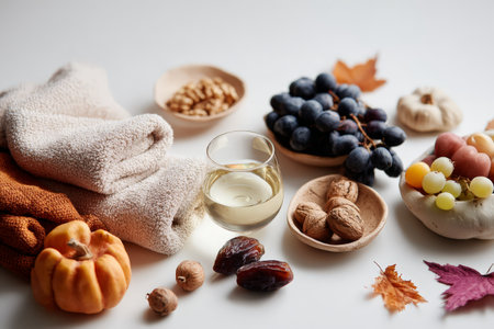 Autumn harvest arrangement with wine, grapes, nuts, and decorative pumpkin on white surface.の素材