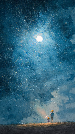 Stargazing night with caucasian male child and adult under starry sky and moon.の素材