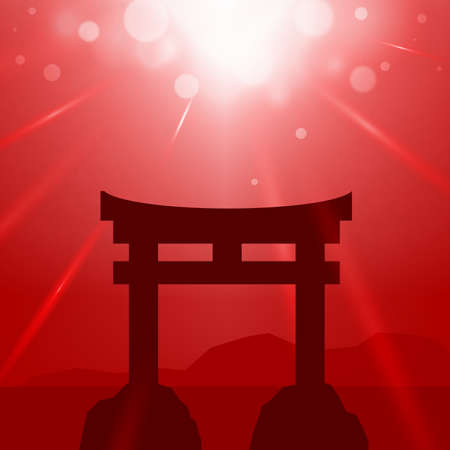 A Red silhouette of Temple Torii with rays of lights and bokehのイラスト素材