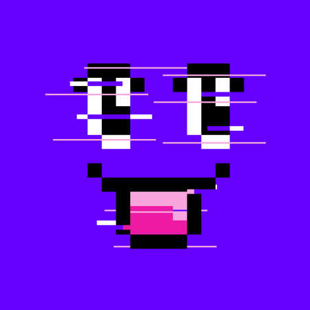 A Pink Glitched Happy face in pixelated with Neon Purple backgroundのイラスト素材