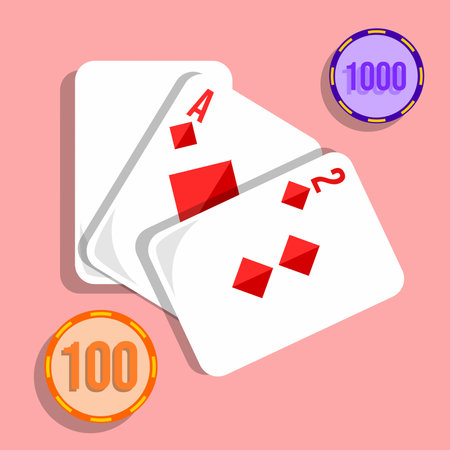 bunch of playing cards with 100 and 1,000 token chips, in flat styled designのイラスト素材
