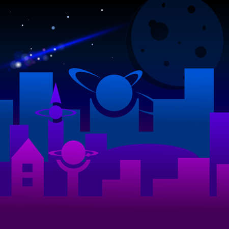 Illustration of Futuristic city at midnight, in flat styled designのイラスト素材