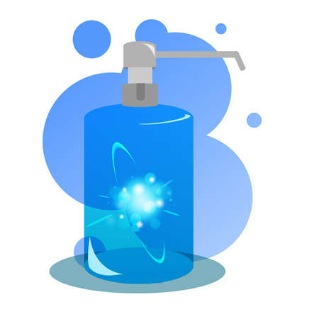 Blue Bottle of Alcohol Handwasher, with light effect and bubble background, in flat styleのイラスト素材