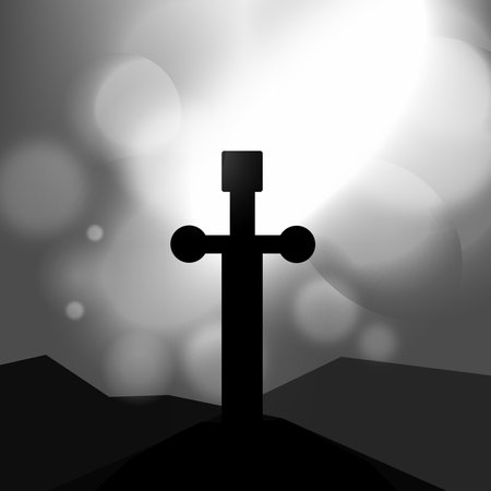 Single of Long Sword on Stone at night, in black and white bokeh light backgroundのイラスト素材