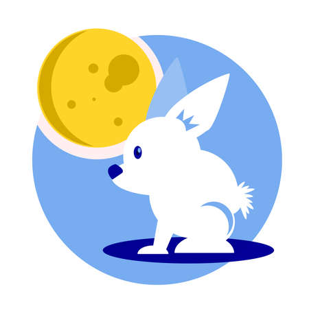 Single of White Rabbit Alongside with Full Moon, Blue Circle Backdropのイラスト素材