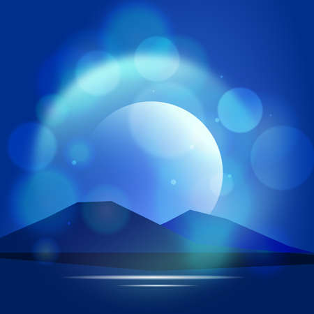 Blue island in the night with bokeh light and moon shiningのイラスト素材