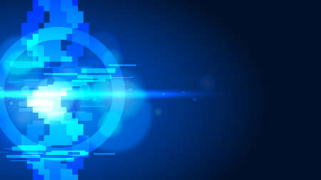 Neon Blue Futuristic style Glitched Pixel Swirl with glowing bokeh lightsのイラスト素材