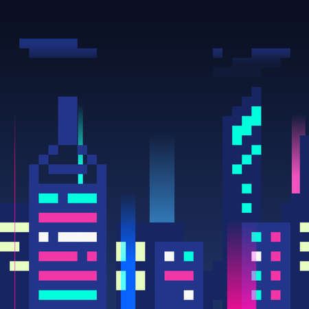 Pixelated of Night City, With Neon Lights glowing and skyscrapersのイラスト素材