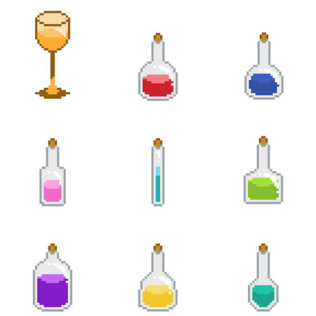 Varieties of Potion Bottle, In Pixel Art Styleのイラスト素材