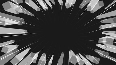 Monochrome Comic Style Speed Lines with Low Poly Debris, Black Backgroundのイラスト素材