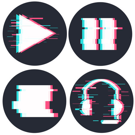 Set of Playback Icons, Glitched Neon Styleのイラスト素材