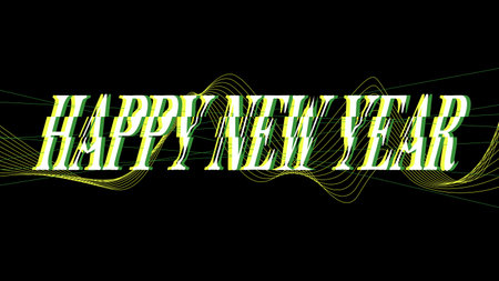 Abstract Happy New Year Typography artwork with Line Waves, Black Background, Yellow and Greenのイラスト素材