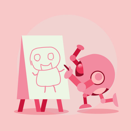 Pink Colored Illustration Depicts AI Robot Drawing and Creating the Artwork Canvas, Flat Style Artworkのイラスト素材