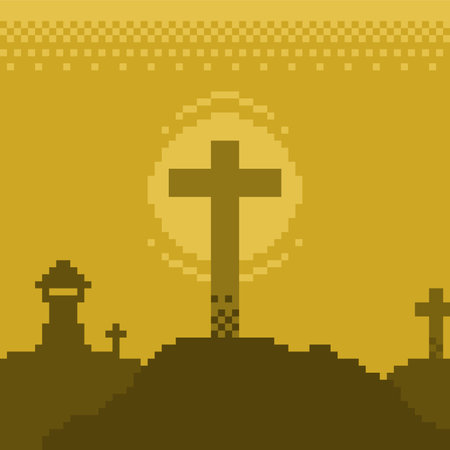 Daybreak Illustration of Christian Cross on Mountain Stone and Monastery, Pixel Artのイラスト素材