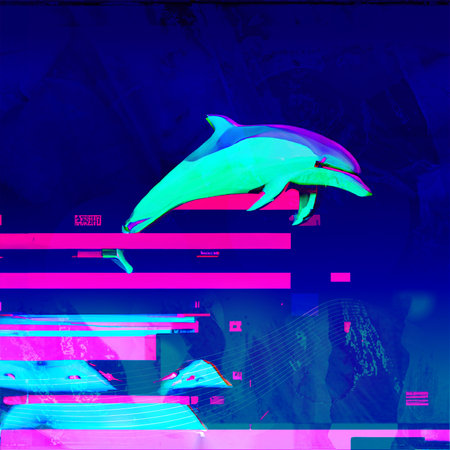 Vaporwave Style Neon Glitched Dolphin with Wave Lines, Generative AI Art with Effectの素材
