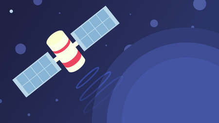 Communication Satellite Flying over Planet, Flat Styled Artwork Illustrationのイラスト素材