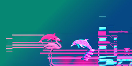 Vaporwave Style Glitched Chrome Gradient Lines with Hologram Color Shifting, Flamingo and Dolphin, Generative AIの素材