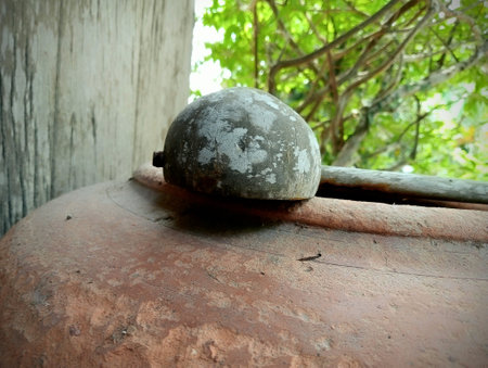 Wooden Ladle over Brown Clay Water Pot, tree branch in Background at Dayの写真素材