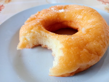 Single Piece of Glazed Donut, on blue Plate, Bited Variant