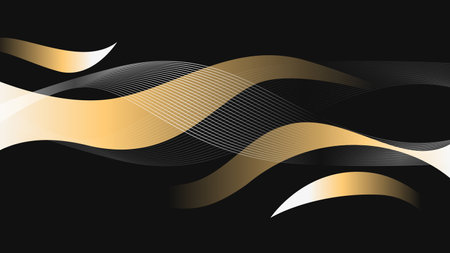 Luxury Golden Smoke Ribbon with Scent Lines Waves on Black Backgroundのイラスト素材