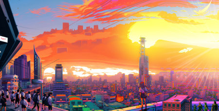 Panorama View of Bangkok Metropolis at Sunset, Anime Style Artwork, Generative AI Illustration with Lightingの素材