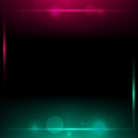 Neon Duo Color Gradient Lines Frame Templatee with Bokeh Shining Light, Black Backgroundのイラスト素材