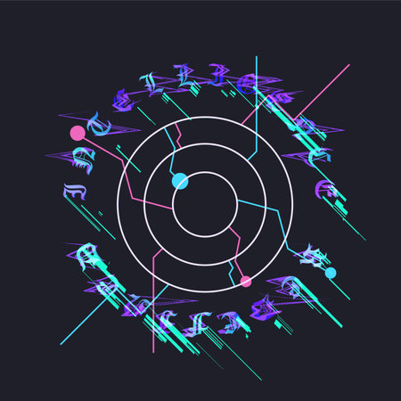 Minimal Neon Color Artificial Intelligence Eye Symbol with Gothic Typographic Circlesのイラスト素材