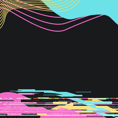 Abstract Curve Lines Frame Template Illustration with Glitched Effect at Footer, Black Background