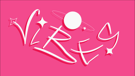 Handdrawn White VIBES Calligraphy with Y2K Flat Style Illustration on Pink Backgroundのイラスト素材
