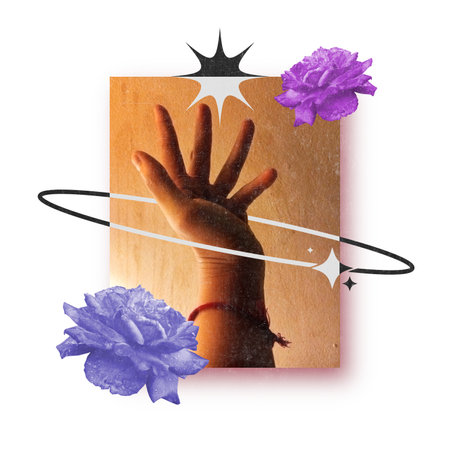 Stretched Female Hand with Y2K inverted Space orbit Line Effect and flowers, Abstract Collage Illustrationの写真素材