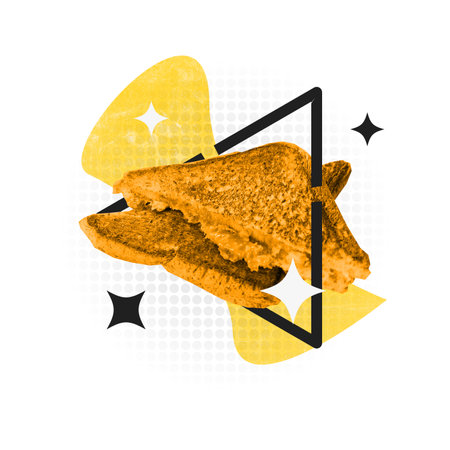 Yellow Colored Cheese Sandwich with Abstract Flat Shapes, Collage Art Illustrationの写真素材