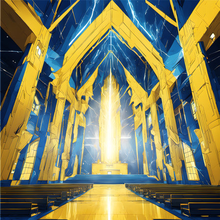 Blue and Yellow Lighting Futuristic Church Interior, Generated AI-basedの素材