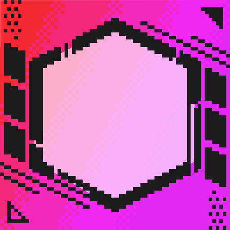 Hexagonal frame with futuristic mechanical illustration, pixel art style, pink gradient backgroundのイラスト素材
