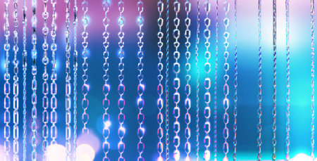 Multiple of Crystal Chrome Chains Stretched in Vertical with Blue and Pink Ethereal Blur Bokeh Atmosphere, Generative AI Basedの素材