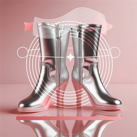Metallic Chrome Leather Boots on Pink Backdrop with Futuristic Line Shapesの素材