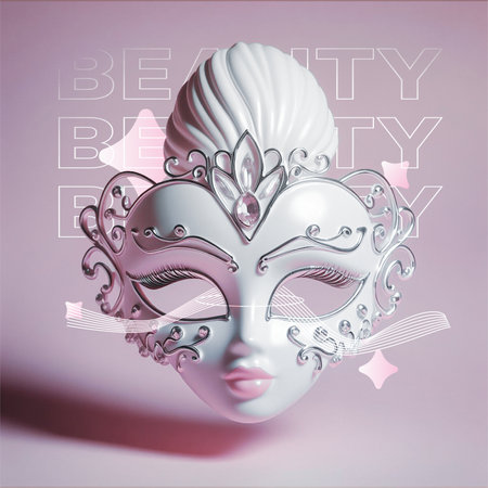 Soft White Chrome Carnival Mask on Minimal Pink Backdrop, with Abstract Line Decorationsの素材