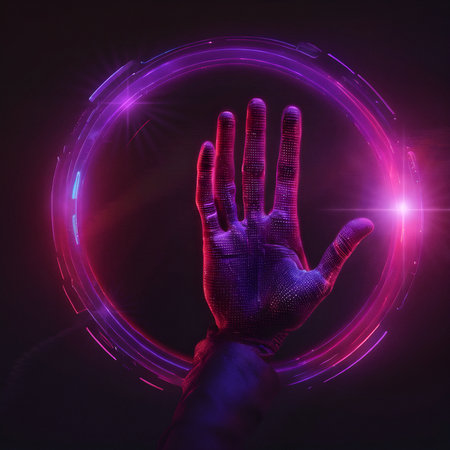 Single of Hand touching a Neon Red and Purple Circle Orbit User Interface, Technology Abstract Concept artの素材