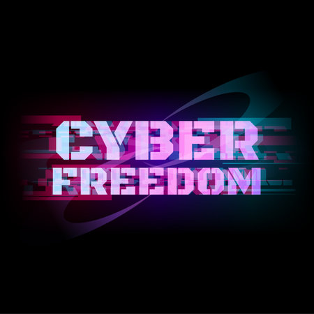 Futuristic Bold Military style "Cyber Freedom" Hologram Color Gradient Typography, with Color Glitches effect on black backdropのイラスト素材