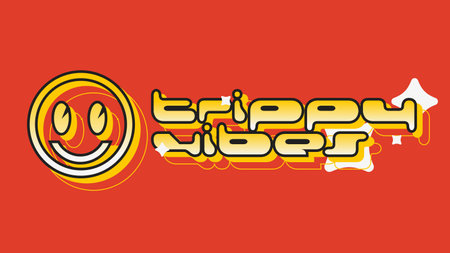 Y2K Rave Style Yellow Gradient Trippy Typography Logotype with Smile Face, Orange Backgroundのイラスト素材