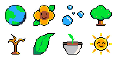 Pixel Art Brighht Color Environmental related Icon Setのイラスト素材