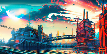 Futuristic Riverside Industrial Area, Cyberpunk aesthetics Panorama Viewの素材