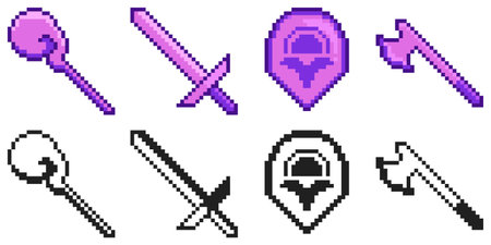Purple and Pink tone of Medieval Weapon, Pixel Art Icon Setのイラスト素材